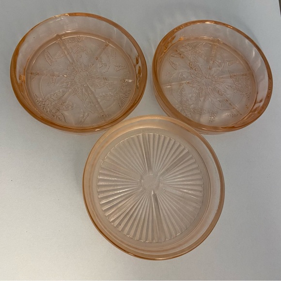 Jeanette Depression Glass Coaster Set Pink Cherry Blossom 3 Coasters Mixed LOT - Picture 15 of 16